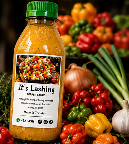 It's Lashing pepper sauce bottle with fresh peppers